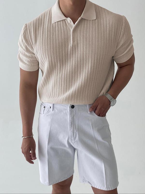 Men's Slim Solid Button Front Polo Neck Knit Top, Casual Short Sleeve Half Placket Knitwear for Summer, Plain Knitting Menswear, Fashion Men's Streetwear Knit Clothing for Daily Wear