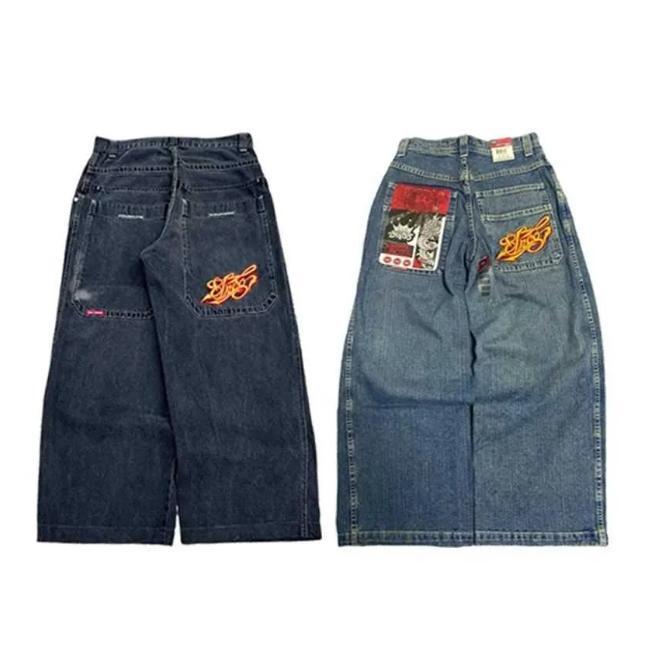 Retro hip-hop loose jeans, aesthetic loose jeans, large size trendy Y2K men's and women's jeans Vintage Embroidery Oversized