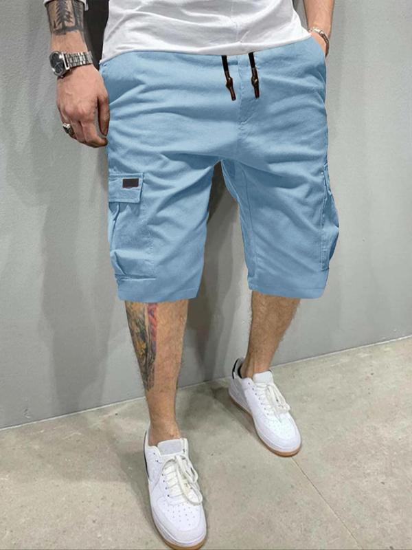 Men's Solid Patched Pocket Drawstring Waist Cargo Shorts, Casual Streetwear Bermuda Shorts, Shorts for Men, Summer Outfits 2024, Woven Bottoms for Summer