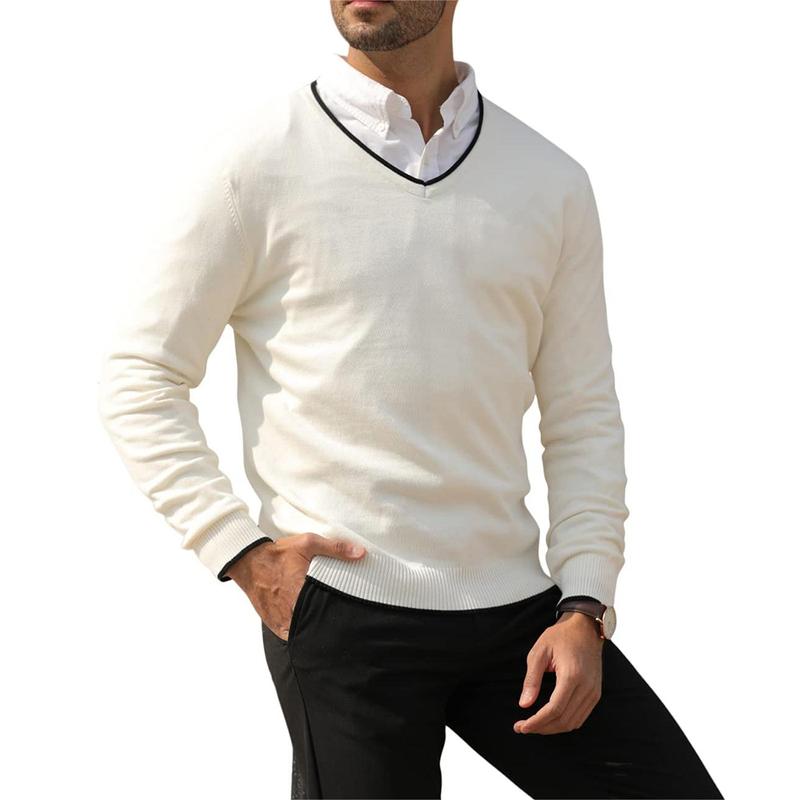 Men's Cotton V Neck Sweater Knitted Jumper Sweater Long Sleeve Pullover Top TX6012