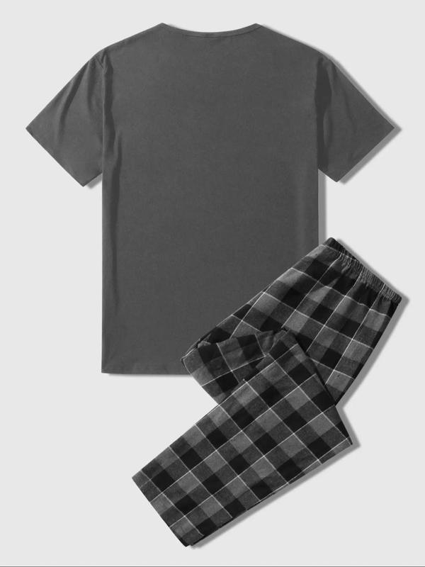 Men's Regular Fit Round Neck Pocket Tee & Plaid Print Elastic Waist Pants Pyjama Two-piece Set, Short Sleeve T-shirt & Trousers Pj Set, Summer Clothes, Casual Comfy Men's Sleepwear & Loungewear Set for All Seasons, Mens Clothing 90S Clothes