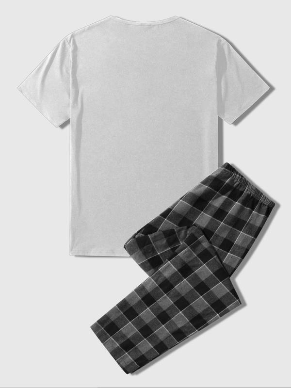 Men's Regular Fit Round Neck Pocket Tee & Plaid Print Elastic Waist Pants Pyjama Two-piece Set, Short Sleeve T-shirt & Trousers Pj Set, Summer Clothes, Casual Comfy Men's Sleepwear & Loungewear Set for All Seasons, Mens Clothing 90S Clothes