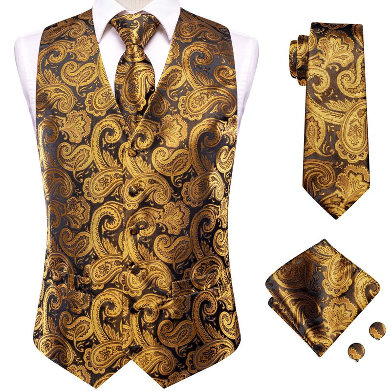 Men's Vest Necktie Pocket Square Cufflinks Set V Neck Green Golden Paisley Dinner Waistcoat