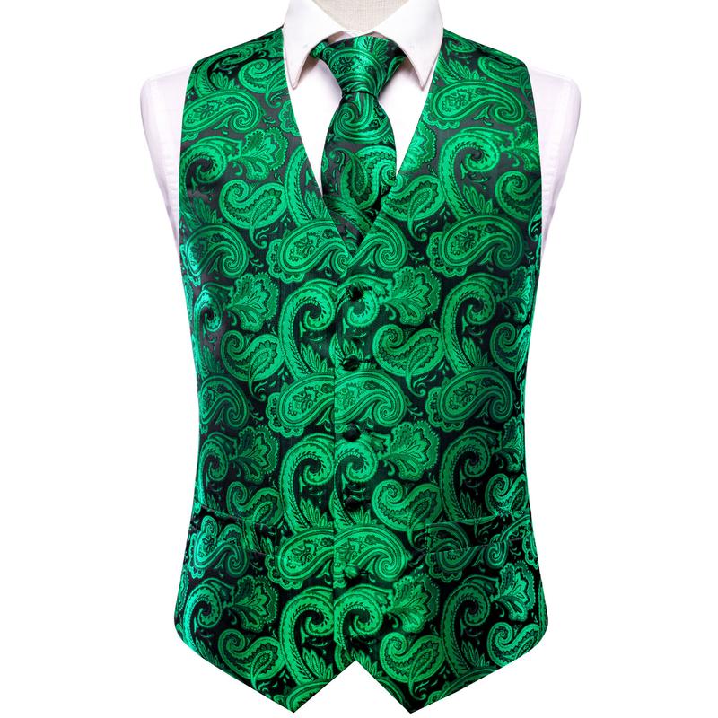 Men's Vest Necktie Pocket Square Cufflinks Set V Neck Green Golden Paisley Dinner Waistcoat