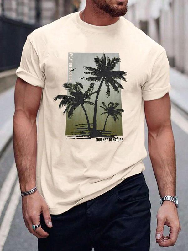 Men's Coconut Tree & Letter Print Drop Shoulder Sleep Tee, Regular Fit Casual Soft Comfortable Short Sleeve Round Neck PJ T-Shirt for Daily Wear, Sleepwear Loungewear for Men