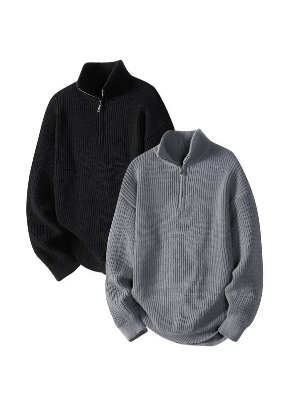 Men's Solid Drop Shoulder Half Zip Sweater, Casual Regular Fit Long Sleeve Stand Collar Jumper for Fall & Winter, Men's Knitwear for Daily Wear