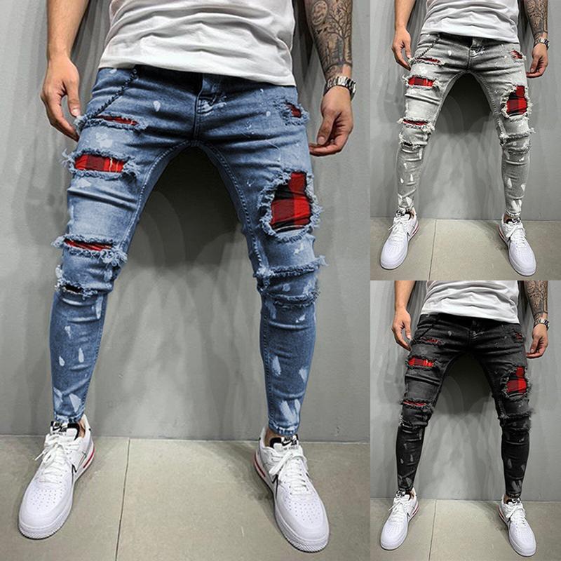 Men's Classic Ripped Jeans, Elastic Waist Stretch Skinny Distressed Denim Trousers Hip Hop Pants Streetwear