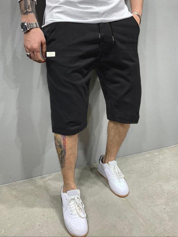 Men's Patched Drawstring Waist Shorts, Casual Pocket Straight Leg Shorts for Daily Outdoor Wear, Streetwear Bottoms for All Seasons