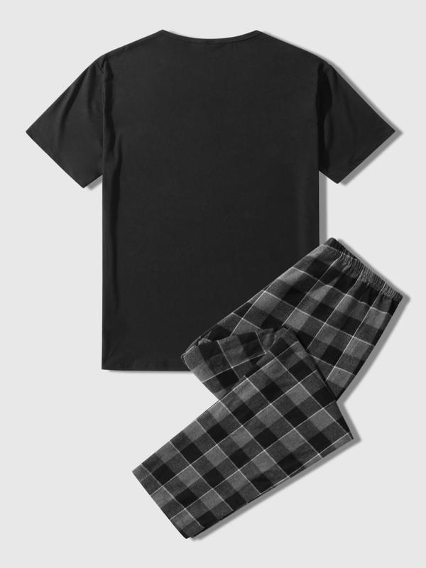 Men's Regular Fit Round Neck Pocket Tee & Plaid Print Elastic Waist Pants Pyjama Two-piece Set, Short Sleeve T-shirt & Trousers Pj Set, Summer Clothes, Casual Comfy Men's Sleepwear & Loungewear Set for All Seasons, Mens Clothing 90S Clothes