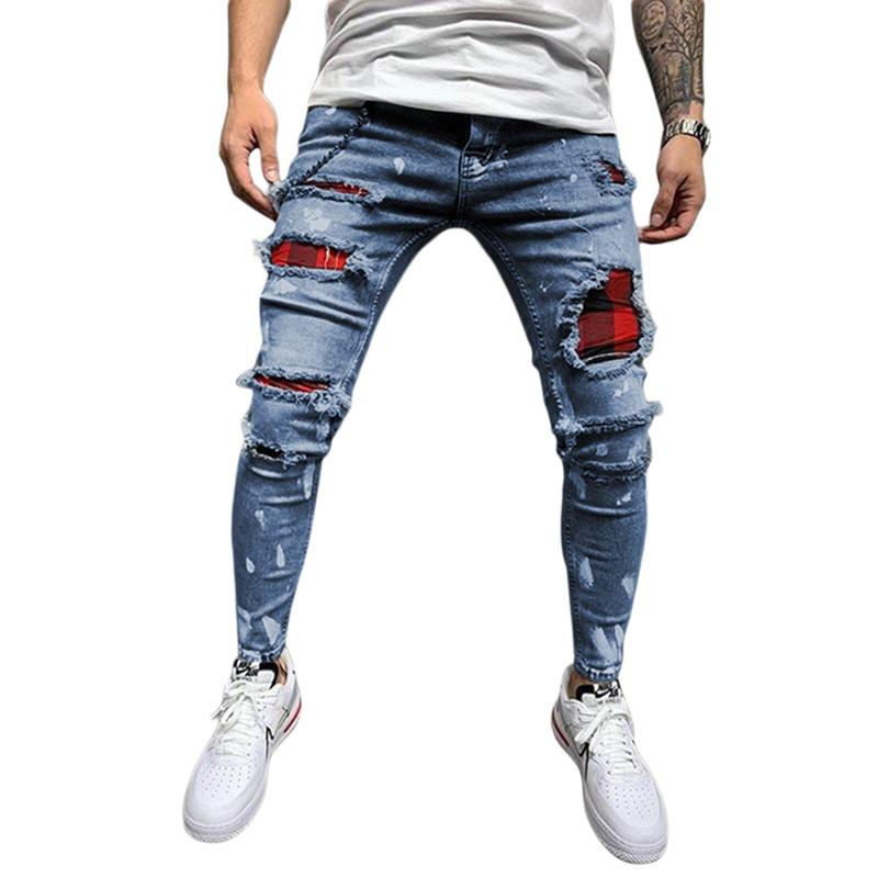 Men's Classic Ripped Jeans, Elastic Waist Stretch Skinny Distressed Denim Trousers Hip Hop Pants Streetwear