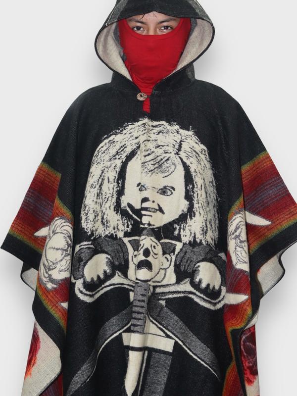 Chucky Horror Poncho with Hood – Limited Edition Halloween Collection - Warm and Cozy - Multi-use - Soft Costumes Clothing Hoodie Handmade Menswear Spooky