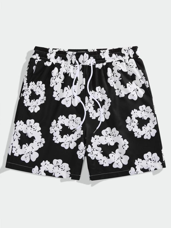 Men's Random Floral Print Pocket Shorts, Regular Fit Casual Drawstring Waist Beach Shorts, Back To School Summer Clothes, Summer Bottoms for Men