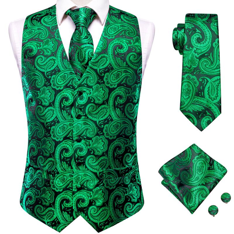 Men's Vest Necktie Pocket Square Cufflinks Set V Neck Green Golden Paisley Dinner Waistcoat