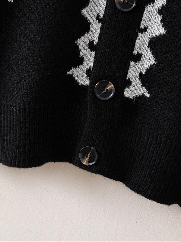 Men's Skeleton Print Button Front Cardigan, Loose Casual Drop Shoulder Long Sleeve V Neck Knitwear for Fall & Winter, Cardigan Sweater, Men's Knit Clothing for Daily Wear
