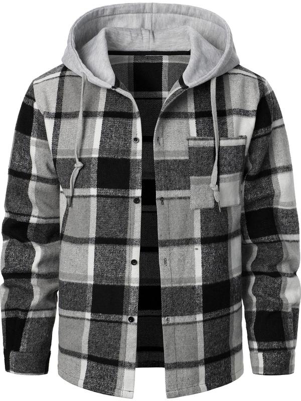 Men's Patchwork Plaid Print Button Front Drawstring Hooded Jacket, Regular Fit Casual Long Sleeve Pocket Outerwear for Daily Wear, Men's Clothing for All Seasons