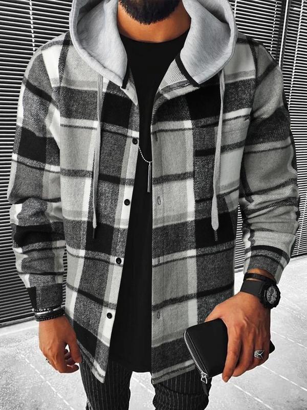 Men's Patchwork Plaid Print Button Front Drawstring Hooded Jacket, Regular Fit Casual Long Sleeve Pocket Outerwear for Daily Wear, Men's Clothing for All Seasons