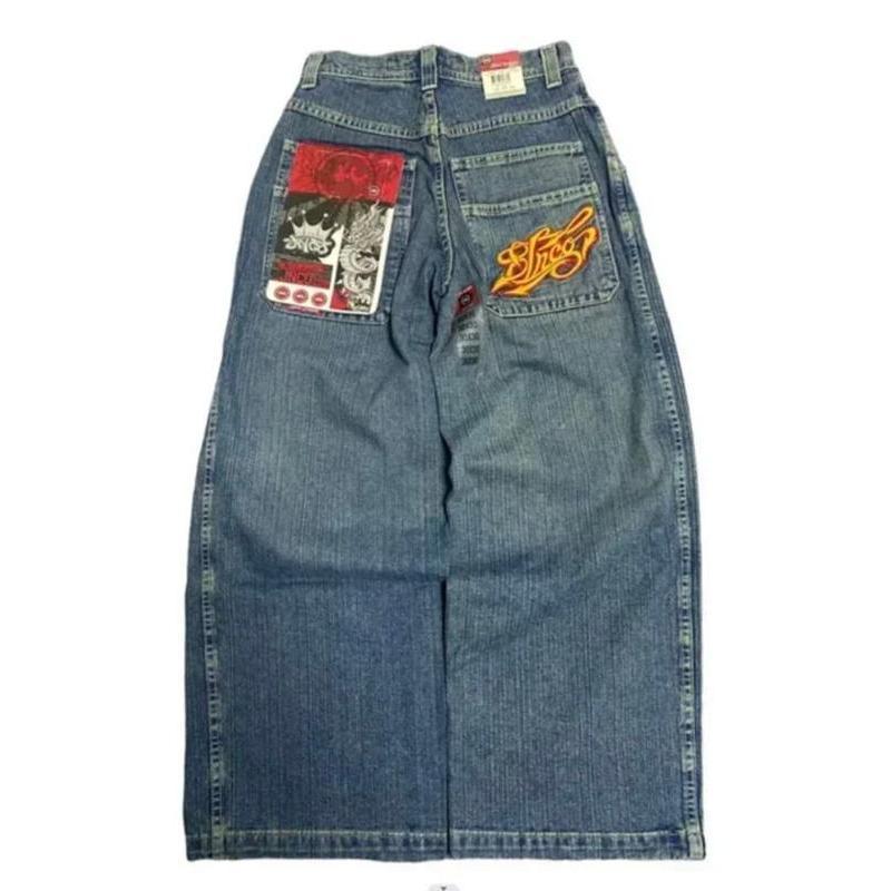 Retro hip-hop loose jeans, aesthetic loose jeans, large size trendy Y2K men's and women's jeans Vintage Embroidery Oversized