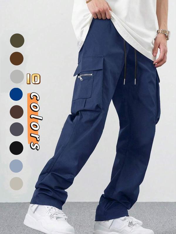 Men's Solid Drawstring Waist Cargo Pants, Men's Clothing Outfits, Street Fashion Zipper Multi-pocket Trousers for Daily Wear, Back To School Woven Bottoms for All Seasons, Fall Clothes