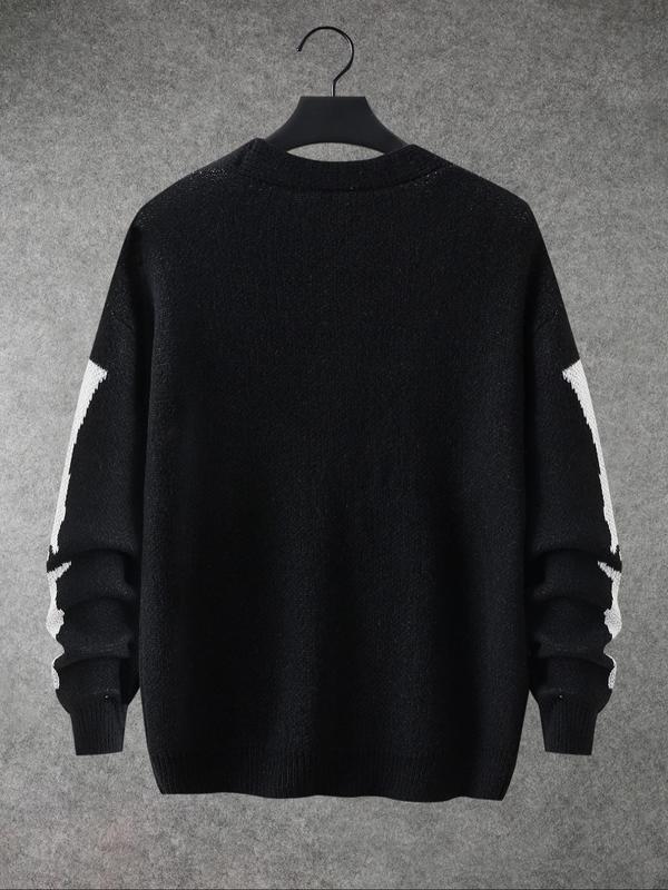 Men's Skeleton Print Button Front Cardigan, Loose Casual Drop Shoulder Long Sleeve V Neck Knitwear for Fall & Winter, Cardigan Sweater, Men's Knit Clothing for Daily Wear