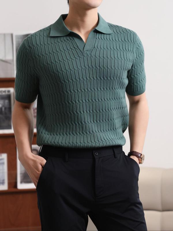 Men's Regular Fit Solid Polo Neck Knit Top, Casual Short Sleeve Knitwear for Summer, Fashion Men's Knit Clothing for Daily Wear