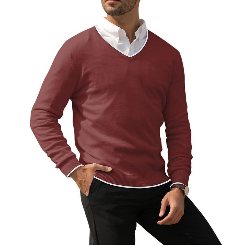 Men's Cotton V Neck Sweater Knitted Jumper Sweater Long Sleeve Pullover Top TX6012