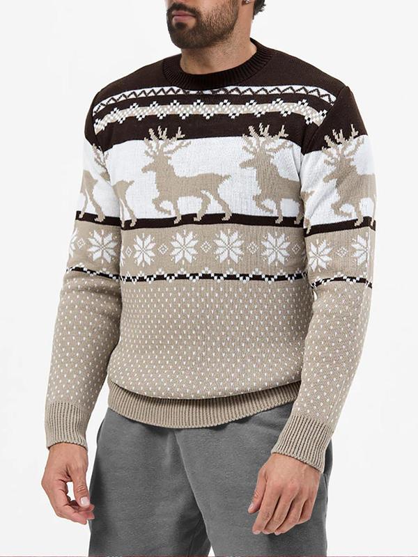 Men's Christmas Reindeer & Snowflake Print Drop Shoulder Sweater, Regular Fit Casual Long Sleeve Round Neck Jumper for Fall & Winter, Fashion Men's Knitwear for Daily Wear