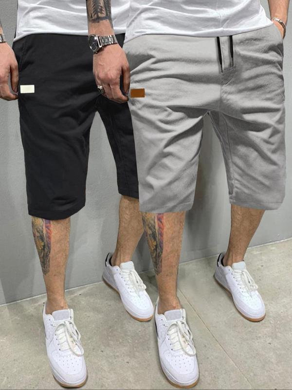 Men's Patched Drawstring Waist Shorts, Casual Pocket Straight Leg Shorts for Daily Outdoor Wear, Streetwear Bottoms for All Seasons