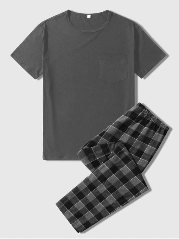 Men's Regular Fit Round Neck Pocket Tee & Plaid Print Elastic Waist Pants Pyjama Two-piece Set, Short Sleeve T-shirt & Trousers Pj Set, Summer Clothes, Casual Comfy Men's Sleepwear & Loungewear Set for All Seasons, Mens Clothing 90S Clothes