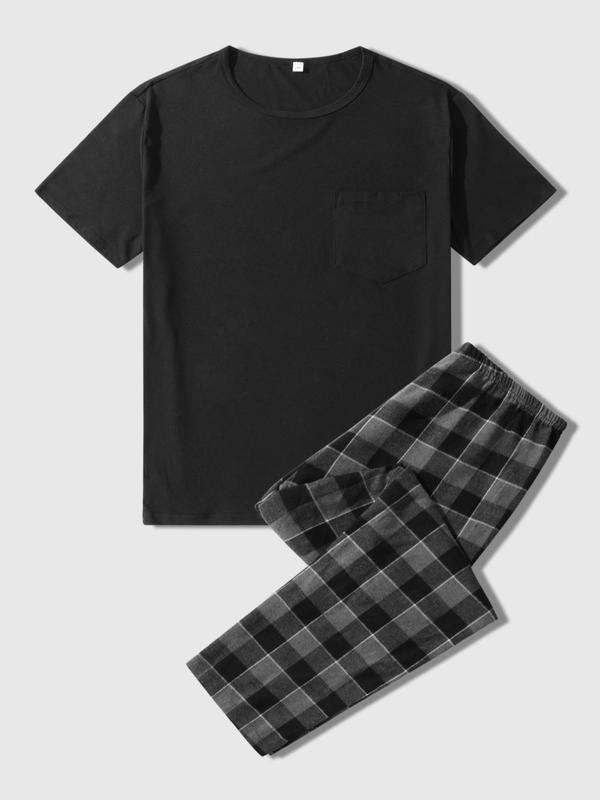 Men's Regular Fit Round Neck Pocket Tee & Plaid Print Elastic Waist Pants Pyjama Two-piece Set, Short Sleeve T-shirt & Trousers Pj Set, Summer Clothes, Casual Comfy Men's Sleepwear & Loungewear Set for All Seasons, Mens Clothing 90S Clothes