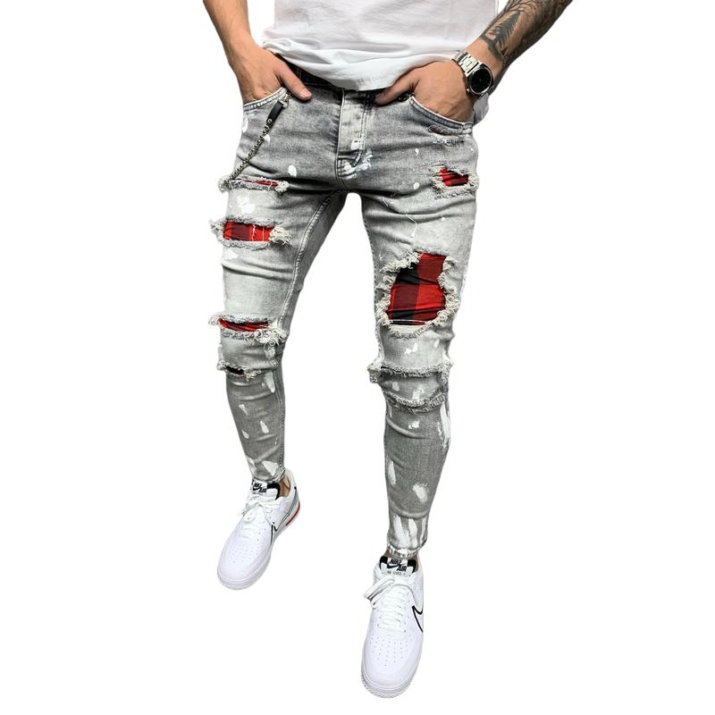 Men's Classic Ripped Jeans, Elastic Waist Stretch Skinny Distressed Denim Trousers Hip Hop Pants Streetwear