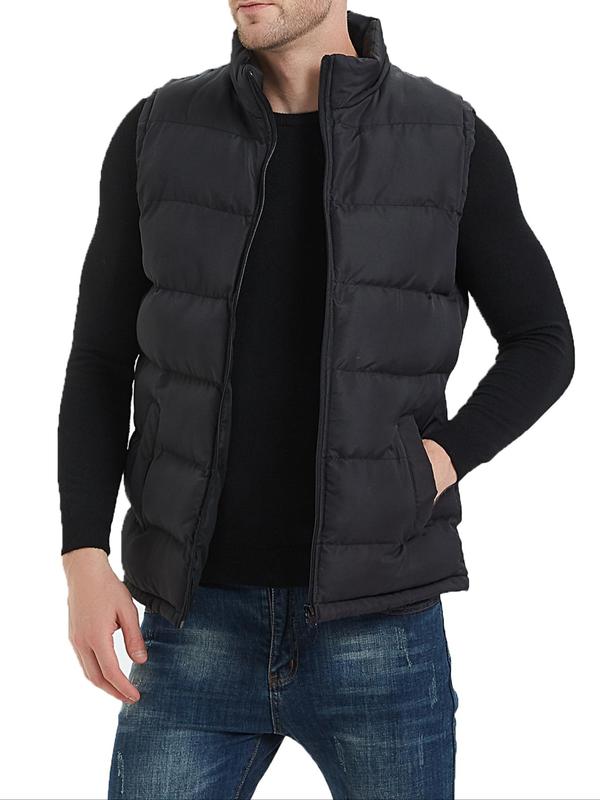 Men's Loose Solid Zip Up Funnel Neck Puffer Vest Jacket Drippy Outfits, Plain Casual Sleeveless Zipper Gilet Outerwear for Going Out Wear, Menswear