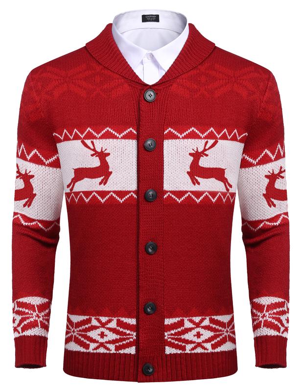 COOFANDY Men's Christmas Cardigans Ugly Xmas Sweaters Reindeer Snowflake Shawl Collar Knitted Cardigan Sweater Classic Knitwear Menswear black friday