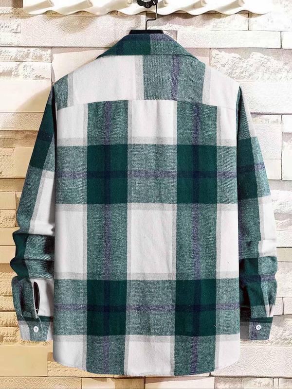 Men's Plaid Print Button Front Shirt Jacket, Regular Fit Casual Long Sleeve Collared Outerwear for Winter, Men's Clothes for Daily Wear
