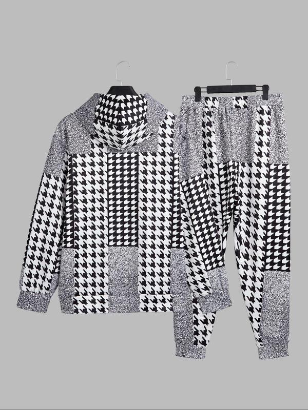  Two-Piece Set Men's Houndstooth Print Hoodie & Drawstring Waist Pants Set, Casual Long Sleeve Hooded Sweatshirt & Pocket Trousers, Men's Two-piece Outfits for Spring & Fall