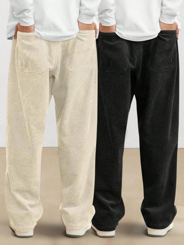 Men's Solid Pocket Drawstring Waist Corduroy Pants, Casual Comfy Loose Straight Leg Trousers for Daily Wear, Woven Bottoms for All Seasons