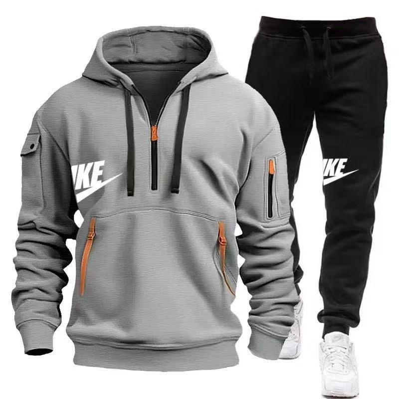 2024 New Spring and Autumn Men's Multi-Pocket Zipper Hoodie + Sweatpants Two-Piece Jogging Casual Fitness Sportswear Set