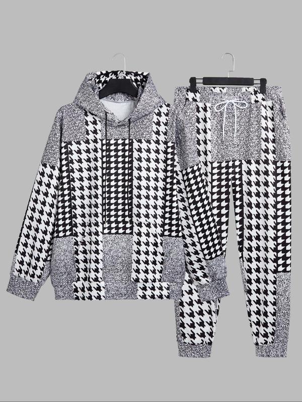  Two-Piece Set Men's Houndstooth Print Hoodie & Drawstring Waist Pants Set, Casual Long Sleeve Hooded Sweatshirt & Pocket Trousers, Men's Two-piece Outfits for Spring & Fall