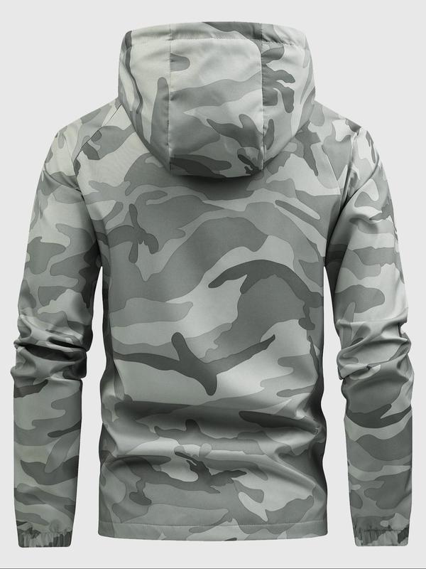 Men's Camo Print Drawstring Zip Up Hooded Jacket, Long Sleeve Waterproof Windproof Outerwear for Outdoor Daily Wear, Men's Clothing, Fall Clothes, Fashion Windbreaker, Jackets for Men, Men's Clothing for Fall, Winter Outfits 2024