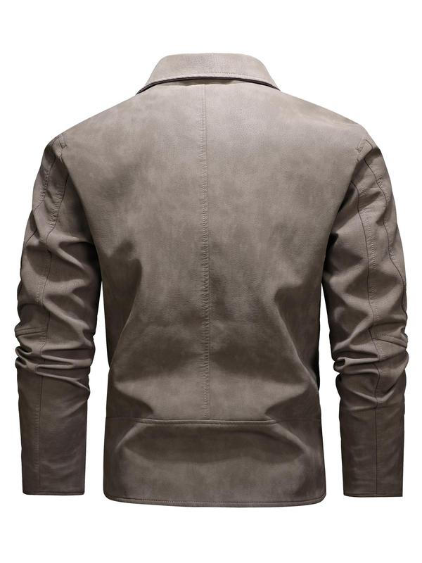 Men's Pocket Long Sleeve Zip Front PU Leather Jacket, Regular Fit Vintage Solid Zip Up Motorcycle Jacket For Spring & Fall, Casual Fashion Men's Outerwear