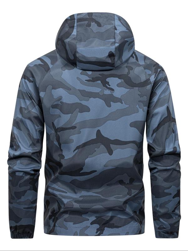 Men's Camo Print Drawstring Zip Up Hooded Jacket, Long Sleeve Waterproof Windproof Outerwear for Outdoor Daily Wear, Men's Clothing, Fall Clothes, Fashion Windbreaker, Jackets for Men, Men's Clothing for Fall, Winter Outfits 2024