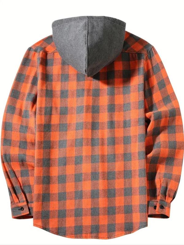 Men's Plaid Print Button Front Drawstring Hooded Shirt, Regular Fit  Hoodie Sweater, Casual Long Sleeve Pocket Top for Daily Wear, Men's Clothes for All Seasons