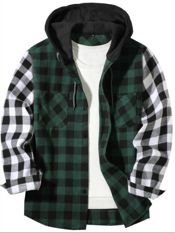 Men's Plaid Print Button Front Drawstring Hooded Shirt, Regular Fit  Hoodie Sweater, Casual Long Sleeve Pocket Top for Daily Wear, Men's Clothes for All Seasons