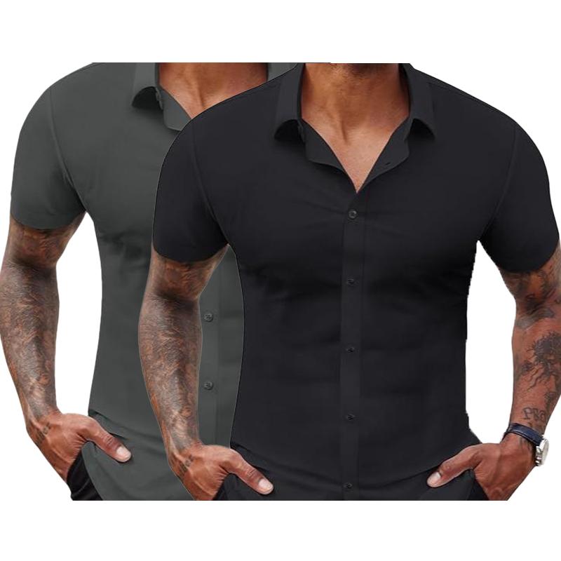 2-Pack Alimens&Gentle Stretch Dress Shirts for Men Short Sleeve Slim Fit Casual Button Down Shirts Muscle Fit Men's Dress Shirts formal shirt plain shirt