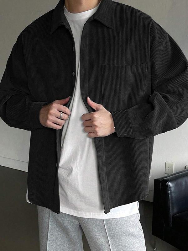 Men's Solid Button Front Pocket Shirt, Loose Casual Drop Shoulder Long Sleeve Collared Shirt for Fall & Winter, Men's Clothes for Daily Wear, Going Out Tops 2000s