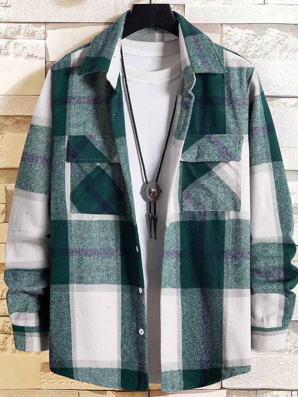 Men's Plaid Print Button Front Shirt Jacket, Regular Fit Casual Long Sleeve Collared Outerwear for Winter, Men's Clothes for Daily Wear