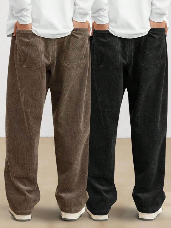 Men's Solid Pocket Drawstring Waist Corduroy Pants, Casual Comfy Loose Straight Leg Trousers for Daily Wear, Woven Bottoms for All Seasons