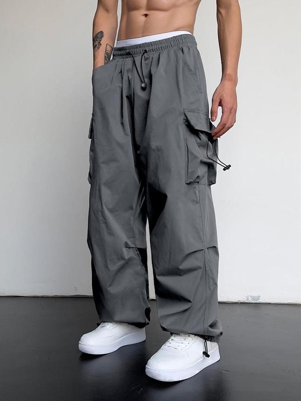 Men's Loose Plain Pocket Drawstring Waist Cargo Pants for Fall, Pants for Men, Mens Stylish Clothing, Street Trendy Baggy Wide Leg Trousers for Men, Streetwear, Men's Back to School Bottoms, Casual Menswear, Men's Drippy Outfits, Going Out Outfits