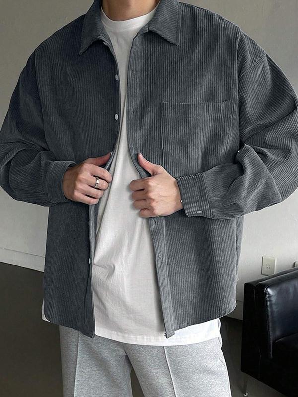 Men's Solid Button Front Pocket Shirt, Loose Casual Drop Shoulder Long Sleeve Collared Shirt for Fall & Winter, Men's Clothes for Daily Wear, Going Out Tops 2000s