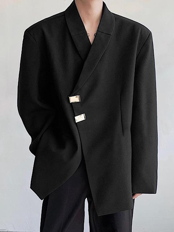 Men's Solid Button Lapel Blazer, Loose Casual Long Sleeve Outerwear for Fall & Winter, Men's Clothes for Daily Wear