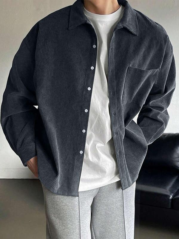 Men's Solid Button Front Pocket Shirt, Loose Casual Drop Shoulder Long Sleeve Collared Shirt for Fall & Winter, Men's Clothes for Daily Wear, Going Out Tops 2000s
